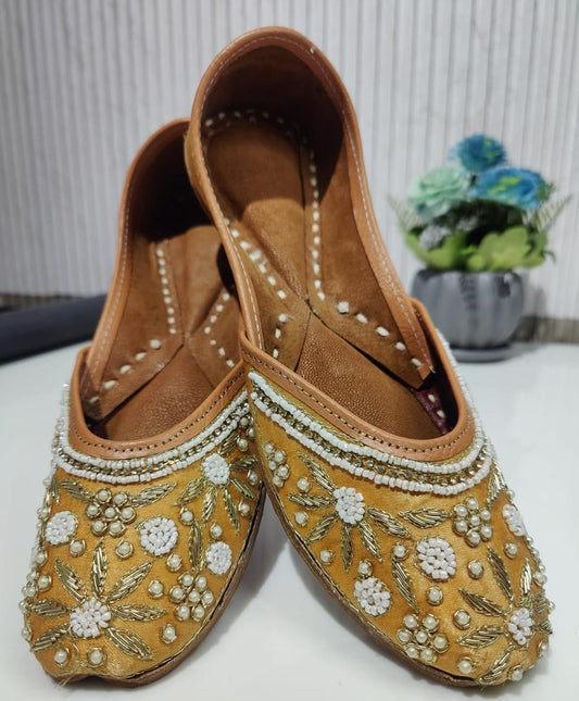 Handcrafted Gold color Punjabi leather Juttis with Zardozi and pearl handwork