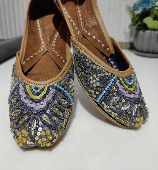 Handcrafted grey leather Punjabi Juttis with zardozi, chamki and pearl work