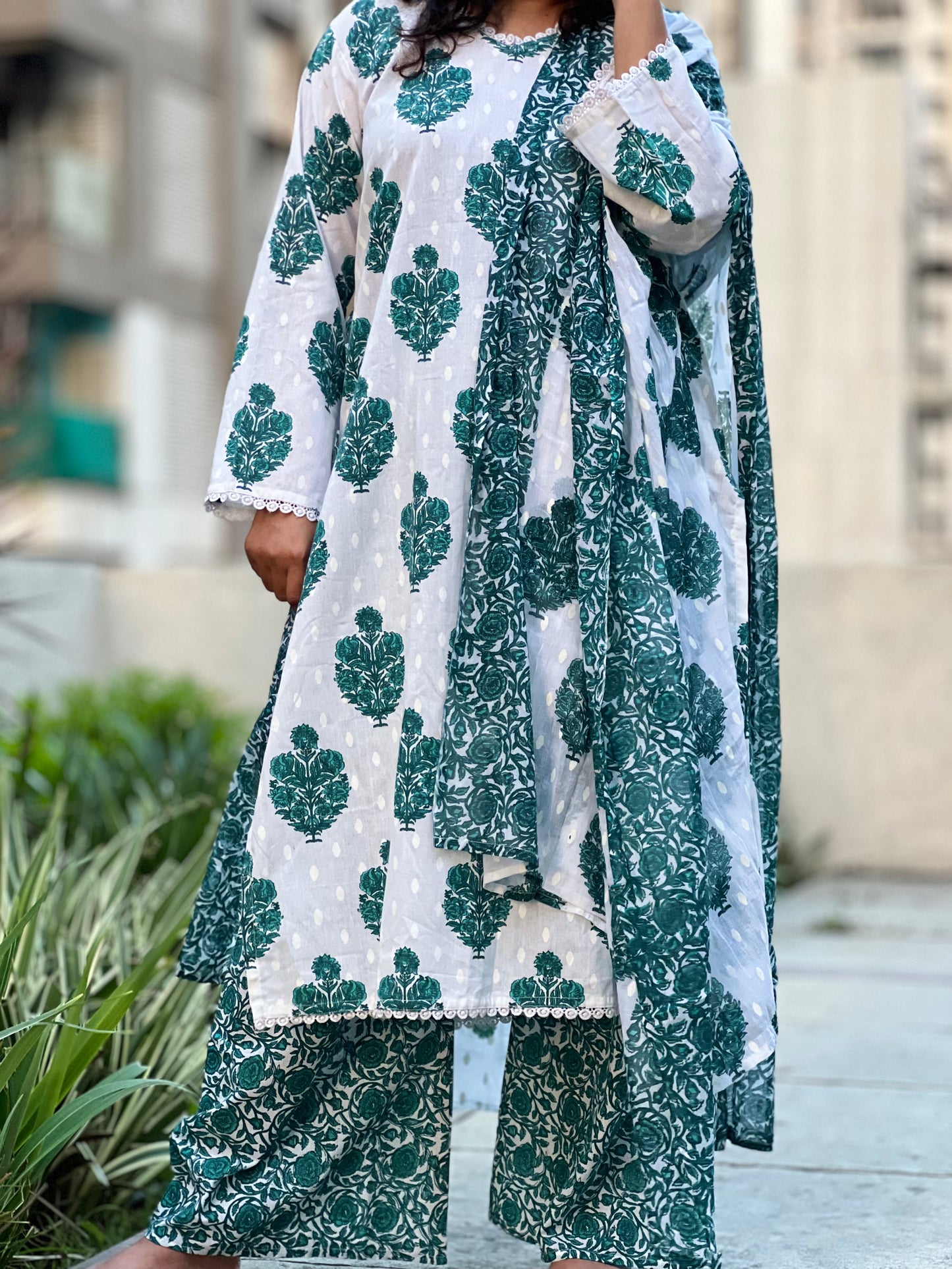 Floral Canvas-Teal Colored Karachi Style Printed Cotton Kurta Set with Lace-work