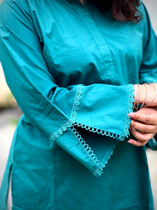 Solid Basics Bottle Green Cotton Co-ordinate set with Lace work