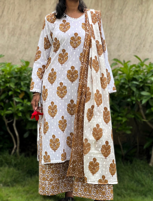 Floral Canvas- Mustard Gold Karachi Style Printed Cotton Kurta Set with lace-work