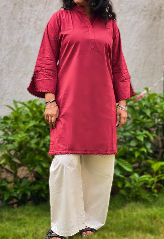 Solid Basics Red Cotton Co-ordinate set with Lace work
