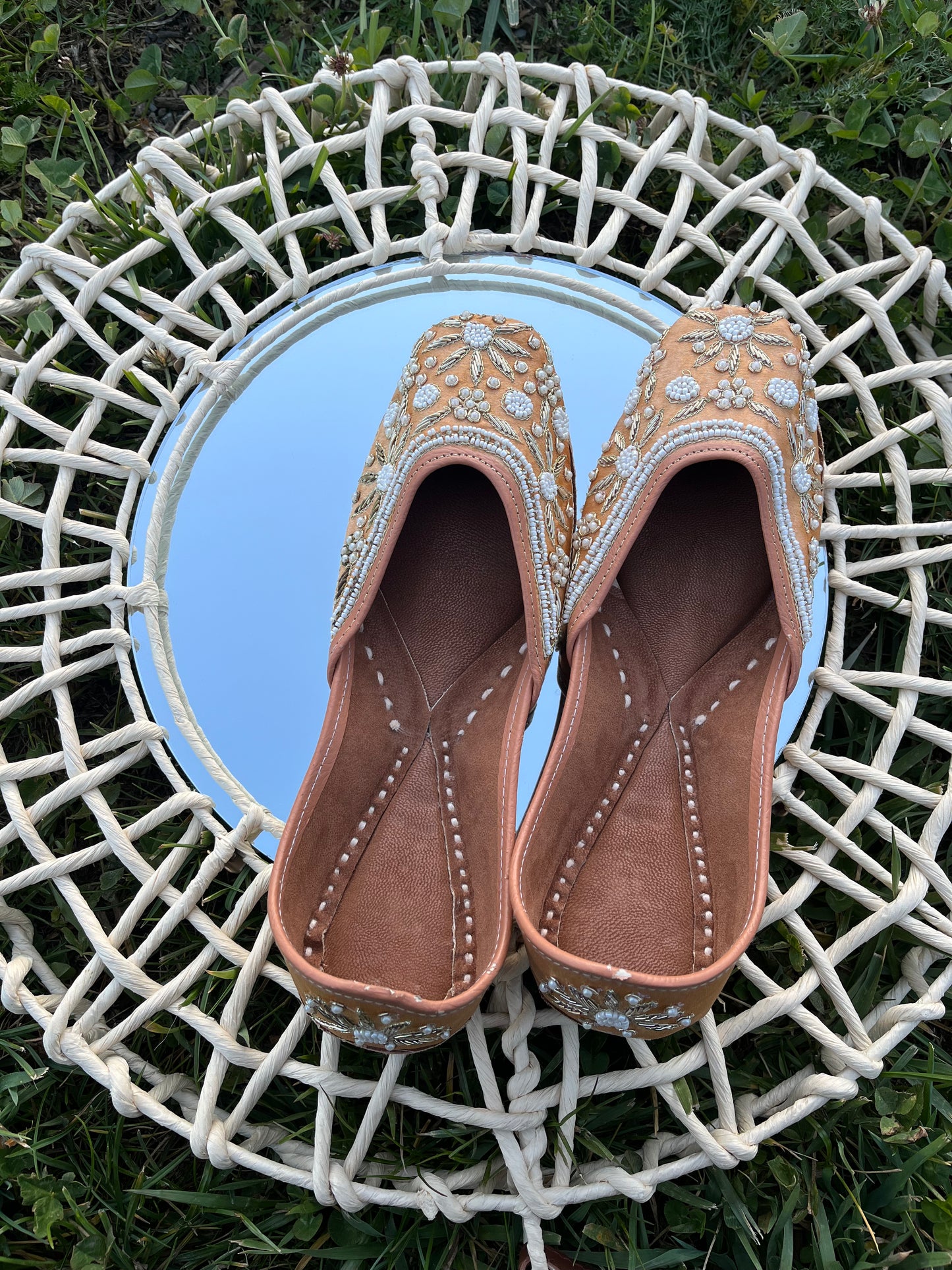 Handcrafted Gold color Punjabi leather Juttis with Zardozi and pearl handwork