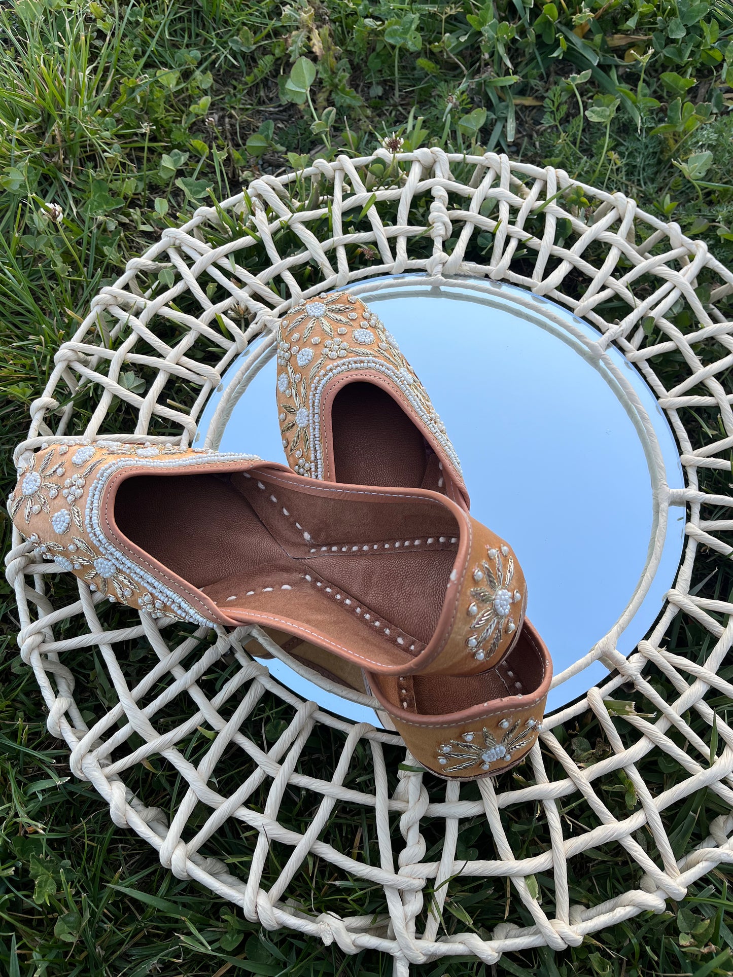 Handcrafted Gold color Punjabi leather Juttis with Zardozi and pearl handwork