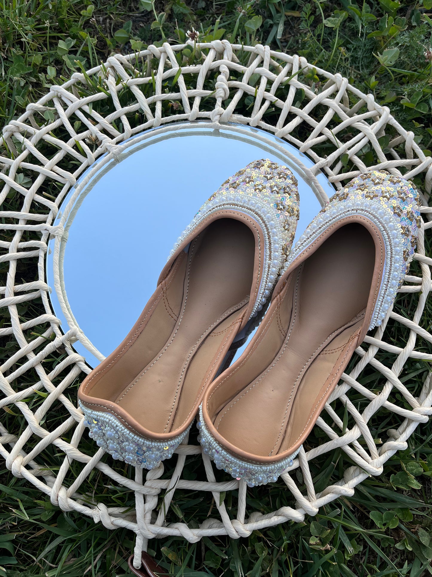 Handcrafted leather Punjabi Jutti with pearl and chamki work