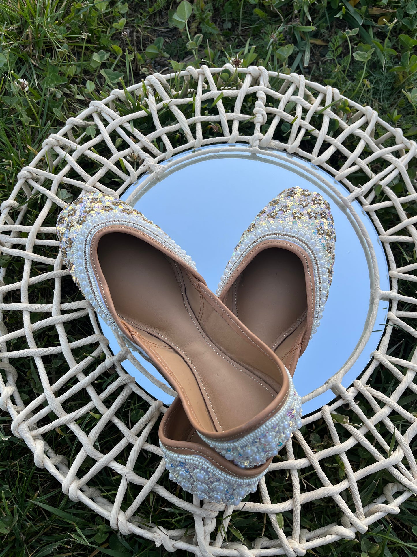 Handcrafted leather Punjabi Jutti with pearl and chamki work