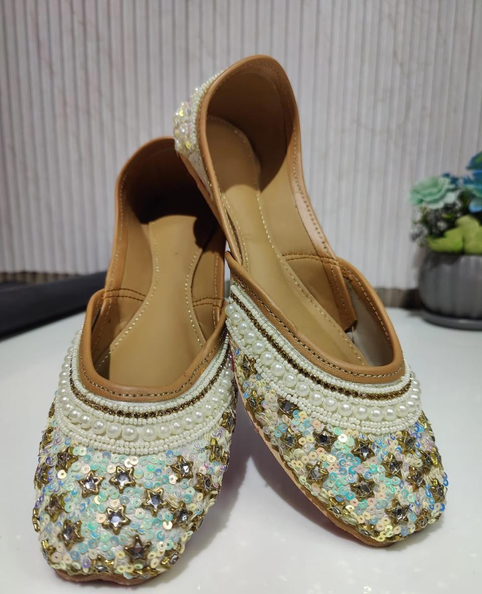 Handcrafted leather Punjabi Jutti with pearl and chamki work